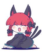 1girl animal_ears black_dress black_shirt black_skirt blunt_bangs braid cat_ears cat_girl cat_tail chahan_(fried_rice0614) closed_eyes commentary_request dress fang full_body highres kaenbyou_rin long_sleeves multiple_tails open_mouth red_hair shirt side_braids simple_background skirt solo tail touhou twin_braids two_tails v-shaped_eyebrows white_background // 960x1280 // 372KB