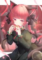 1girl absurdres animal_ear_fluff animal_ears ankh_ll black_bow blunt_bangs blurry blurry_background bow box braid cat_ears cat_girl cat_tail dress fake_animal_ears green_dress hair_bow heart-shaped_box highres holding holding_box kaenbyou_rin long_sleeves puffy_long_sleeves puffy_sleeves red_eyes red_hair smile solo tail touhou twin_braids twitter_username valentine // 1772x2520 // 3.0MB