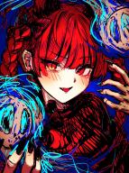 1girl animal_ears black_bow black_nails blue_background blunt_bangs blush bow braid breasts cat_ears commentary_request duo_chromatic extra_ears floating_skull hair_bow hands_up highres kaenbyou_rin long_hair looking_at_viewer medium_breasts nail_polish open_mouth red_eyes red_hair simple_background slit_pupils solo touhou twin_braids upper_body waramori_fuzuka // 1535x2048 // 762KB