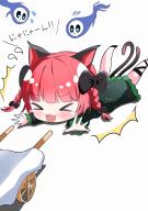 >_< 1girl :3 :d absurdres animal_ears black_bow bow braid cat_ears cat_girl cat_tail chibi commentary_request dress falling flying_sweatdrops full_body green_dress hair_bow highres hitodama kaenbyou_rin leg_ribbon lying multiple_tails on_stomach open_mouth red_hair ribbon rikiriki200 side_braids simple_background skull smile solo tail tearing_up touhou translation_request twin_braids two_tails wheelbarrow white_background // 2480x3508 // 2.2MB