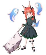 1girl aladry animal_ears black_bow black_shoes blush bow braid cat_ears cat_tail dress green_dress hair_bow kaenbyou_rin leg_ribbon long_sleeves looking_at_viewer multiple_tails red_eyes red_hair ribbon shoes skull smile solo tail touhou twin_braids two_tails wheelbarrow // 1000x1194 // 163KB