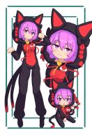 1girl absurdres chibi clenched_hands cosplay highres kaenbyou_rin kaenbyou_rin_(cosplay) kigurumi komeiji_satori looking_at_viewer multiple_views paw_pose pink_eyes pink_hair short_hair smug_suriipi third_eye touhou // 2552x3710 // 778KB