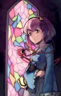 1girl animal black_cat blue_shirt brown_eyes cat closed_mouth eyelashes highres holding holding_animal holding_cat indoors kaenbyou_rin kaenbyou_rin_(cat) komeiji_satori kornod long_sleeves looking_ahead purple_hair shirt short_hair stained_glass third_eye touhou wide_sleeves // 1047x1645 // 1.9MB