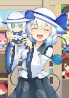 1girl :d akasaka_sato black_skirt blue_ribbon bookshelf closed_eyes commentary_request doll facing_viewer floral_print fumo_(doll) hakurei_reimu hat hat_ribbon highres holding holding_doll indoors juliet_sleeves kaenbyou_rin komeiji_koishi komeiji_koishi_(spontaneous_white_beauty) komeiji_satori long_sleeves mizuhashi_parsee open_mouth puffy_sleeves reiuji_utsuho ribbon rose_print shirt skirt smile teeth third_eye touhou touhou_lostword upper_teeth_only white_hat white_shirt // 1254x1771 // 1.8MB