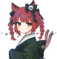 1girl alternate_costume animal_ears black_bow bow braid cat_ears cat_girl cat_tail closed_mouth commentary_request green_kimono hair_bow hair_ornament highres japanese_clothes kaenbyou_rin kimono lace_trim long_hair long_sleeves looking_at_viewer multiple_tails necono_(nyu6poko) red_eyes red_hair simple_background skull_ornament solo tail touhou twin_braids two_tails upper_body white_background x_hair_ornament // 1961x2048 // 247KB