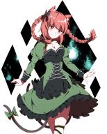 1girl animal_ears black_bow black_dress bow braid breasts cat_ears cat_girl cat_tail cleavage closed_mouth commentary_request cross-laced_clothes dress green_dress hair_bow highres juliet_sleeves kaenbyou_rin leg_ribbon long_hair long_sleeves multiple_tails nymphus puffy_sleeves red_eyes red_hair ribbon side_braids smile solo tail tail_bow tail_ornament touhou twin_braids two_tails // 1000x1244 // 488KB