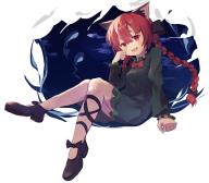 1girl animal_ears ar_(maeus) black_shoes blush bow braid cat_ears dress fang frilled_sleeves frills full_body green_dress hair_bow highres kaenbyou_rin long_hair long_sleeves open_mouth red_bow red_eyes red_hair shoes smile solo touhou twin_braids // 1500x1318 // 1.6MB