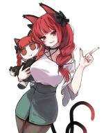 1girl absurdres alternate_costume animal_ears black_bow black_choker black_pantyhose bow braid cat_ears cat_girl cat_tail character_doll choker commentary_request cowboy_shot doll fang fumo_(doll) green_skirt hair_bow head_tilt highres holding holding_doll index_finger_raised kaenbyou_rin long_hair looking_at_viewer multiple_tails off-shoulder_shirt off_shoulder pantyhose red_eyes red_hair red_nails shirt shirt_tucked_in simple_background skirt smile solo tail touhou twin_braids two_tails white_background wide_sleeves zanlyu // 3189x4000 // 13MB