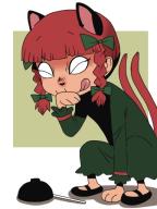 1girl animal_ears bow bowl braid cat_ears cat_tail dress extra_ears female_focus green_dress hair_bow kaenbyou_rin licking_lips long_sleeves multiple_tails needle nekomata onikobe_rin paw_pose red_hair solo squatting tail tongue tongue_out touhou twin_braids // 480x640 // 117KB