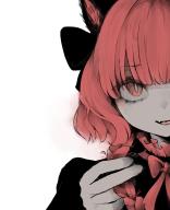 1girl absurdres adjusting_hair animal_ears ayang black_bow black_shirt bow braid cat_ears cat_girl collar commentary fang frilled_collar frills hair_bow high_collar highres kaenbyou_rin looking_at_viewer medium_hair open_mouth red_bow red_eyes red_hair shirt simple_background single_braid skin_fang smile solo tongue touhou upper_body white_background // 5200x6400 // 12MB