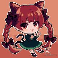 1girl :d ahiru_tokotoko braid fang full_body kaenbyou_rin looking_at_viewer multiple_tails nekomata open_mouth paw_pose pixel_art red_eyes red_hair smile solo tail touhou twin_braids two_tails v-shaped_eyebrows // 1024x1024 // 29KB