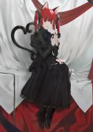 1girl absurdres animal_ears black_dress black_footwear black_nails black_ribbon braid cat_ears cat_tail daimaou_ruaeru dress hair_ribbon highres kaenbyou_rin long_sleeves looking_at_viewer multiple_tails red_eyes red_hair ribbon sitting solo tail touhou twin_braids two_tails // 2893x4092 // 691KB