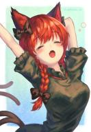 1girl absurdres animal_ear_fluff animal_ears aokihatoba_01 arm_up bare_arms black_bow blue_background blush bow braid cat_ears cat_tail closed_eyes collared_dress commentary_request cowboy_shot dress fangs gradient_background green_background green_dress hair_bow highres kaenbyou_rin multiple_tails open_mouth raised_eyebrows red_hair sleeveless sleeveless_dress solo squeans stretching tail teardrop touhou twin_braids twitter_username two_tails white_background yawning // 2300x3300 // 10MB