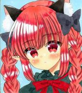 1girl animal_ear_fluff animal_ears black_bow blue_background blush bow bowtie braid cat_ears dress expressionless extra_ears frills green_dress hair_bow kaenbyou_rin long_hair pointy_ears portrait red_bow red_bowtie sidelocks simple_background solo touhou twin_braids twintails zenra1112 // 700x792 // 150KB