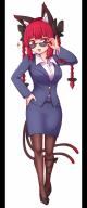 1girl :d adjusting_eyewear alternate_costume animal_ear_fluff animal_ears black_footwear border braid cat_ears cat_tail collared_shirt commission cosplay extra_ears formal_clothes full_body futatsuiwa_mamizou futatsuiwa_mamizou_(cosplay) hand_on_own_hip highres kaenbyou_rin leg_ribbon long_hair long_sleeves looking_over_eyewear mib_mamizou multiple_tails open_mouth pantyhose pencil_skirt red_eyes red_hair ribbon shirt side_braids simple_background skirt slit_pupils smile solo standing star_(symbol) suit sunglasses tail touhou transparent_border twin_braids two_tails urban_legend_in_limbo white_background white_shirt wool_(miwol) // 500x1200 // 324KB
