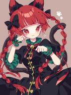 1girl :3 animal_ear_fluff animal_ears black_dress blunt_bangs braid brown_background cat_ears cat_tail closed_mouth commentary cowboy_shot dress highres kaenbyou_rin long_hair looking_at_viewer multiple_tails nekomata red_eyes red_hair roamu_65 short_sleeves side_braids simple_background solo standing symbol-only_commentary tail touhou twin_braids two_tails wrist_cuffs // 1420x1900 // 281KB