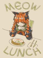 1girl :3 absurdres animal_ears black_bow black_dress blunt_bangs bow braid cat_ears closed_mouth commentary dress english_commentary food fork gendou_pose hair_bow hands_clasped highres juliet_sleeves kaenbyou_rin knife long_sleeves looking_at_viewer miso_konbu orange_eyes orange_hair own_hands_clasped own_hands_together pancake plate puffy_sleeves smile solo touhou twin_braids upper_body // 2000x2666 // 632KB