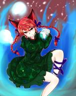 1girl animal_ears ashigaruk braid breasts cat_ears dress foot_out_of_frame from_above green_dress highres hitodama kaenbyou_rin large_breasts looking_at_viewer red_eyes red_hair simple_background smile solo touhou twin_braids // 1120x1400 // 1.5MB