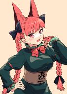 1girl absurdres animal_ear_fluff animal_ears black_bow bow bowtie braid breasts cat_ears cat_girl cleavage commentary_request dress extra_ears fang fuuzasa green_dress hair_bow highres juliet_sleeves kaenbyou_rin long_hair long_sleeves open_mouth pointy_ears puffy_sleeves red_bow red_bowtie side_braids simple_background solo touhou twin_braids upper_body yellow_background // 2220x3106 // 2.2MB