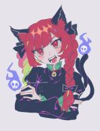 1girl :d animal_ears bell black_bow black_dress bow braid cat_ears commentary crossed_arms dress extra_ears full_body grey_background hair_bow hitodama kaenbyou_rin long_sleeves looking_at_viewer neck_bell open_mouth pointy_ears red_eyes ri_no_uchi_(mo_momo_mo_momo) side_braids simple_background smile solo teeth touhou twin_braids upper_body // 900x1170 // 513KB