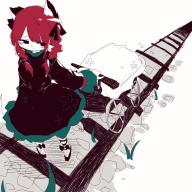 1girl black_dress braid commentary_request dress from_above full_body hair_ribbon half-closed_eyes highres kaenbyou_rin kagiyama0303 long_hair looking_back low_twin_braids no_socks railroad_tracks red_eyes red_hair ribbon simple_background solo standing touhou tress_ribbon twin_braids wheelbarrow white_background // 2048x2048 // 475KB