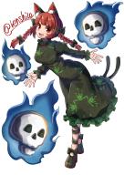 1girl :d absurdres animal_ear_fluff animal_ears black_footwear breasts cat_ears cat_girl cat_tail dress full_body green_dress highres hitodama kaenbyou_rin looking_at_viewer multiple_tails one-hour_drawing_challenge open_mouth red_eyes red_hair renshirenji simple_background smile solo tail touhou twitter_username two_tails white_background // 2150x3035 // 3.1MB