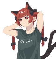 1girl :3 alternate_costume animal_ears arms_behind_head black_shirt cat_ears cat_girl cat_tail closed_mouth commentary_request extra_ears highres kaenbyou_rin multiple_tails red_eyes red_hair shirt simple_background solo tail touhou twitter_username two_tails upper_body white_background yadoyuki // 1788x1892 // 198KB