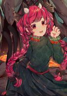 1girl absurdres animal_ear_fluff animal_ears artist_name belt_buckle black_bow bow braid breasts buckle cat_ears cat_girl cat_tail cowboy_shot dress fang frilled_sleeves frills green_dress hair_bow highres kaenbyou_rin lava long_hair long_sleeves medium_breasts multiple_tails nekomata open_mouth paw_pose print_dress red_eyes red_hair signature solo tactoki tail touhou twin_braids two_tails // 2480x3508 // 11MB