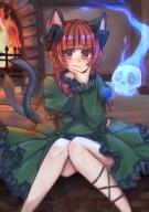 1girl animal_ears black_bow black_ribbon blunt_bangs blush bow bowtie braid cat_ears cat_tail dress feet_out_of_frame fire fireplace frilled_dress frills green_dress hair_bow hand_on_own_chin highres hitodama kaenbyou_rin knees_together_feet_apart leg_ribbon long_hair long_sleeves looking_at_viewer multiple_tails nail_polish nekomata nemuta_muu red_bow red_bowtie red_eyes red_hair red_nails red_ribbon ribbon solo tail thinking touhou twin_braids two_tails // 1443x2047 // 1.4MB