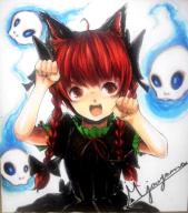 1girl ahoge animal_ears black_bow black_dress blush bow braid cat_ears commentary_request dress fang floating_skull hair_bow jonasan_(bad-t) kaenbyou_rin long_hair looking_at_viewer open_mouth paw_pose puffy_short_sleeves puffy_sleeves red_eyes red_hair shikishi short_sleeves signature simple_background smile solo touhou traditional_media twin_braids upper_body white_background // 480x543 // 247KB