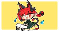1girl ;d animal_ear_fluff animal_ears black_shoes blunt_bangs blush border braid cat_ears cat_girl cat_tail chibi chibi_only commentary dress frilled_dress frilled_sleeves frills full_body green_dress ini_(inunabe00) kaenbyou_rin long_sleeves looking_at_viewer multiple_tails one_eye_closed open_mouth outline outside_border pointy_ears red_eyes shoes simple_background slit_pupils smile solo standing standing_on_one_leg tail touhou twin_braids two_tails v-shaped_eyebrows wheelbarrow white_border white_outline yellow_background // 1290x675 // 228KB