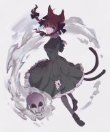 1girl ahoge animal_ears black_bow black_footwear black_pantyhose bow braid cat_ears cat_tail fingernails floating_skull ghost grey_background highres hitodama kaenbyou_rin looking_at_viewer looking_back moshio962 multiple_tails pantyhose puffy_sleeves red_eyes red_hair sharp_fingernails simple_background sketch skull tail touhou twin_braids two_tails // 1719x2048 // 409KB