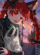 1girl animal_ear_fluff animal_ears aokihatoba_01 bag black_bow blue_sky bow braid cat_ears cat_girl cloud cloudy_sky commentary_request dress extra_ears green_dress holding holding_bag kaenbyou_rin light_blush long_hair long_sleeves open_mouth outdoors plastic_bag power_lines purple_sky railing red_eyes red_hair red_wrist_cuffs shopping_bag shopping_cart sidelighting sky smile solo sunset swept_bangs touhou tree twin_braids twitter_username upper_body white_bag wrist_cuffs // 810x1125 // 130KB