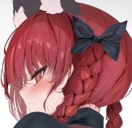 1girl 258n animal_ears black_bow blush bow braid cat_ears cat_girl closed_mouth fang grey_background hair_bow highres kaenbyou_rin looking_at_viewer looking_back portrait red_eyes red_hair side_braids solo touhou twin_braids // 1316x1278 // 183KB