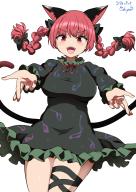 1girl absurdres animal_ears black_dress black_ribbon braid breasts cat_ears cat_girl cat_tail chups commentary dated dress extra_ears fangs frilled_dress frills highres kaenbyou_rin large_breasts leg_up long_hair long_sleeves looking_at_viewer multiple_tails open_mouth red_eyes red_hair red_nails ribbon side_braids signature simple_background solo tail touhou twin_braids two_tails white_background // 2000x2812 // 1.7MB
