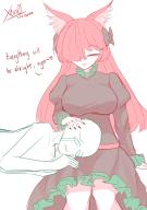 1boy 1girl absurdres alternate_hairstyle animal_ears black_bow black_dress bow breasts cat_ears cat_girl commentary dated dress english_commentary english_text hair_bow hair_over_one_eye highres juliet_sleeves kaenbyou_rin lap_pillow large_breasts long_hair long_sleeves medium_hair puffy_sleeves red_hair red_nails signature simple_background sitting solo touhou variant_set white_background xen0moonz // 2039x2894 // 494KB