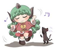 1girl :3 beamed_sixteenth_notes black_cat black_footwear blush cat closed_eyes closed_mouth commentary_request curly_hair dancing facing_viewer full_body green_hair hand_up heart heart_print horns kaenbyou_rin kaenbyou_rin_(cat) komainu_ears komano_aunn long_hair long_sleeves motion_lines musical_note quarter_note red_shirt rokugou_daisuke shirt shorts signature simple_background single_horn touhou u_u white_background white_shorts // 1353x1170 // 440KB
