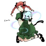 1girl animal_ears blunt_bangs bow braid cat_ears cat_tail dress green_dress highres holding holding_skull kaenbyou_rin knees_together_feet_apart kuroda_(chokobo_314) leg_ribbon light_smile multiple_tails nekomata one-hour_drawing_challenge red_hair ribbon see-through_clothes see-through_sleeves shoes skull solo tail touhou twin_braids two_tails // 1600x1600 // 827KB