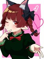 1girl animal_ear_fluff animal_ears black_bow blush bow braid breasts cat_ears closed_mouth commentary commentary_request hair_bow heart juliet_sleeves kaenbyou_rin konkuri251 large_breasts long_sleeves looking_at_viewer one_eye_closed pink_background puffy_sleeves red_hair side_braids solo touhou twin_braids upper_body // 768x1024 // 468KB