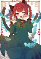 1girl absurdres animal_ears braid cat_ears cat_tail dress green_dress hair_ornament highres kaenbyou_rin long_hair long_sleeves looking_at_viewer nail_polish necono_(nyu6poko) one_eye_closed open_mouth red_eyes red_hair red_nails solo tail touhou twin_braids // 2894x4093 // 13MB