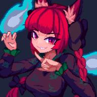 1girl animal_ear_fluff animal_ears black_background black_bow bow braid breasts brodall_pixel cat_ears commentary hair_bow hitodama index_finger_raised kaenbyou_rin long_hair long_sleeves looking_at_viewer medium_breasts pixel_art red_eyes side_braids simple_background smile solo touhou twin_braids upper_body // 900x900 // 14KB
