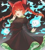 1girl absurdres animal_ears black_bow blue_fire blush bow cat_ears dark_background dress extra_ears fang fire frills ghost green_dress grey_background highres hitodama holding holding_skull juna22_a kaenbyou_rin multiple_tails open_mouth puffy_sleeves red_eyes red_hair skull sparks tail teeth touhou two_tails yawning // 2667x3000 // 867KB