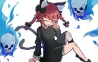 1girl 910_(user_wkak4787) :p absurdres animal_ear_fluff animal_ears black_bow black_footwear black_ribbon bow cat_ears cat_girl cat_tail commentary extra_ears full_body hair_bow highres hitodama kaenbyou_rin leg_ribbon long_sleeves medium_hair multiple_tails one_eye_closed red_eyes red_hair ribbon short_eyebrows simple_background skull solo tail tongue tongue_out touhou two_tails white_background // 3283x2102 // 3.2MB