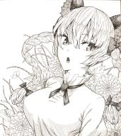 1girl :o animal_ear_fluff animal_ears bow braid breasts cat_ears commentary_request dress extra_ears flower frilled_dress frills graphite_(medium) greyscale hair_between_eyes hair_bow hatching_(texture) highres kaenbyou_rin ke-su large_breasts long_hair looking_at_viewer monochrome open_mouth pointy_ears shikishi slit_pupils solo touhou traditional_media twin_braids upper_body // 1460x1632 // 1.8MB