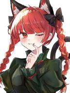 1girl animal_ear_fluff animal_ears black_bow blush bow braid cat_ears cat_tail dress extra_ears finger_to_mouth green_dress highres kaenbyou_rin multiple_tails one_eye_closed portrait red_eyes red_hair rieru_12 simple_background slit_pupils solo tail touhou twin_braids two_tails white_background // 1500x2000 // 349KB