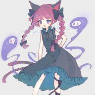 1girl :d adapted_costume animal_ears bare_shoulders black_bow blush bow braid cat_ears cat_tail dress extra_ears fang feet_out_of_frame floating_skull grey_background hair_bow highres hitodama kaenbyou_rin leg_ribbon long_hair m_(m073111) multiple_tails nekomata open_mouth red_hair ribbon simple_background smile solo tail touhou twin_braids twintails two_tails // 1550x1550 // 240KB