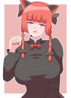 1girl :d animal_ear_fluff animal_ears black_bow blunt_bangs bow bowtie braid breasts cat_ears commentary_request fang hair_bow hair_ribbon half-closed_eyes hand_up happy head_tilt highres juliet_sleeves kaenbyou_rin large_breasts light_blush light_particles long_hair long_sleeves looking_at_viewer nail_polish open_mouth outline pink_background pink_eyes puffy_sleeves red_bow red_bowtie red_hair red_nails ribbon simple_background skin_fang smile solo touhou tress_ribbon twin_braids upper_body white_outline yonnini_422 // 1615x2189 // 948KB
