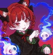 1girl animal_ear_fluff animal_ears black_bow blunt_bangs blush bow braid cat_ears cat_girl extra_ears gradient_background hair_bow hitodama kaenbyou_rin koharustuki long_sleeves looking_at_viewer open_mouth paw_pose pixel_art red_eyes red_hair side_braids skull solo touhou twin_braids twitter_username upper_body // 987x1024 // 1.5MB