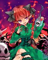 1girl :d animal_ears bow braid cat_ears dress extra_ears fingernails fire green_dress holding kaenbyou_rin long_fingernails nail_polish open_mouth pointy_ears red_eyes red_hair red_nails skull smile solo touhou tsukikusa twin_braids // 700x875 // 343KB