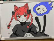 1girl animal_ears blush_stickers bow braid cat_ears cat_girl cat_tail commentary hair_bow hatokun0815 highres hitodama kaenbyou_rin long_sleeves multiple_tails open_mouth photo_(medium) red_eyes side_braids simple_background skull solo tail touhou traditional_media twin_braids two_tails upper_body // 3000x2250 // 4.5MB